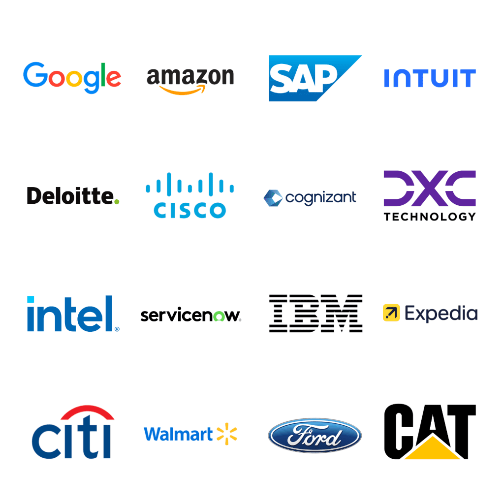 Google, Amazon, SAP, Intuit, Deloitte, Cisco, Cognizant, DXC Technology, Intel, ServiceNow, IBM, Expedia, Citi, Walmart, Ford and Caterpillar